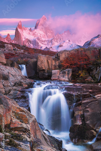 View of Mount Fitz Roy and the waterfall at sunrise, Los Glaciares National Park, Andes, Patagonia, Argentina
