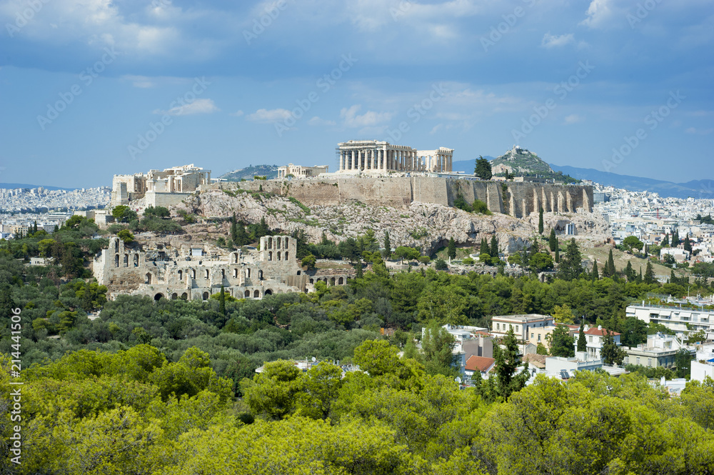 View of Acropolis from Philopappos hill on a sunny summer day, Athens, Greece