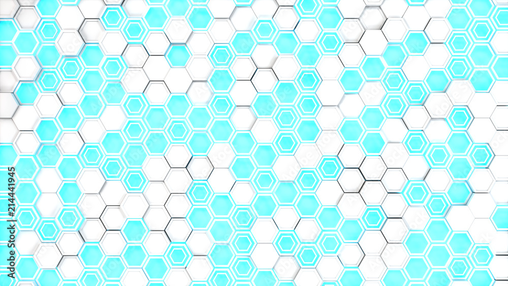 Abstract 3d background made of white hexagons on blue glowing background