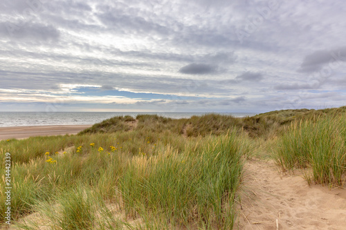 A pathway through sand dunes leading to the sea  at Formby in Merseyside