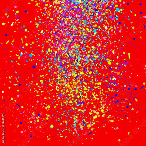 Bright explosion. Firework. Texture with random geometric glitters. Background with confetti. Pattern for design. Print for banners, posters and textiles. Greeting cards