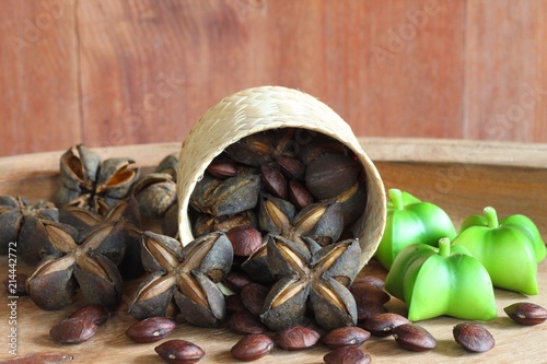 Seeds inca peanut or sacha peanut or sacha inchi or mountain peanut place in basket on the wooden background. 