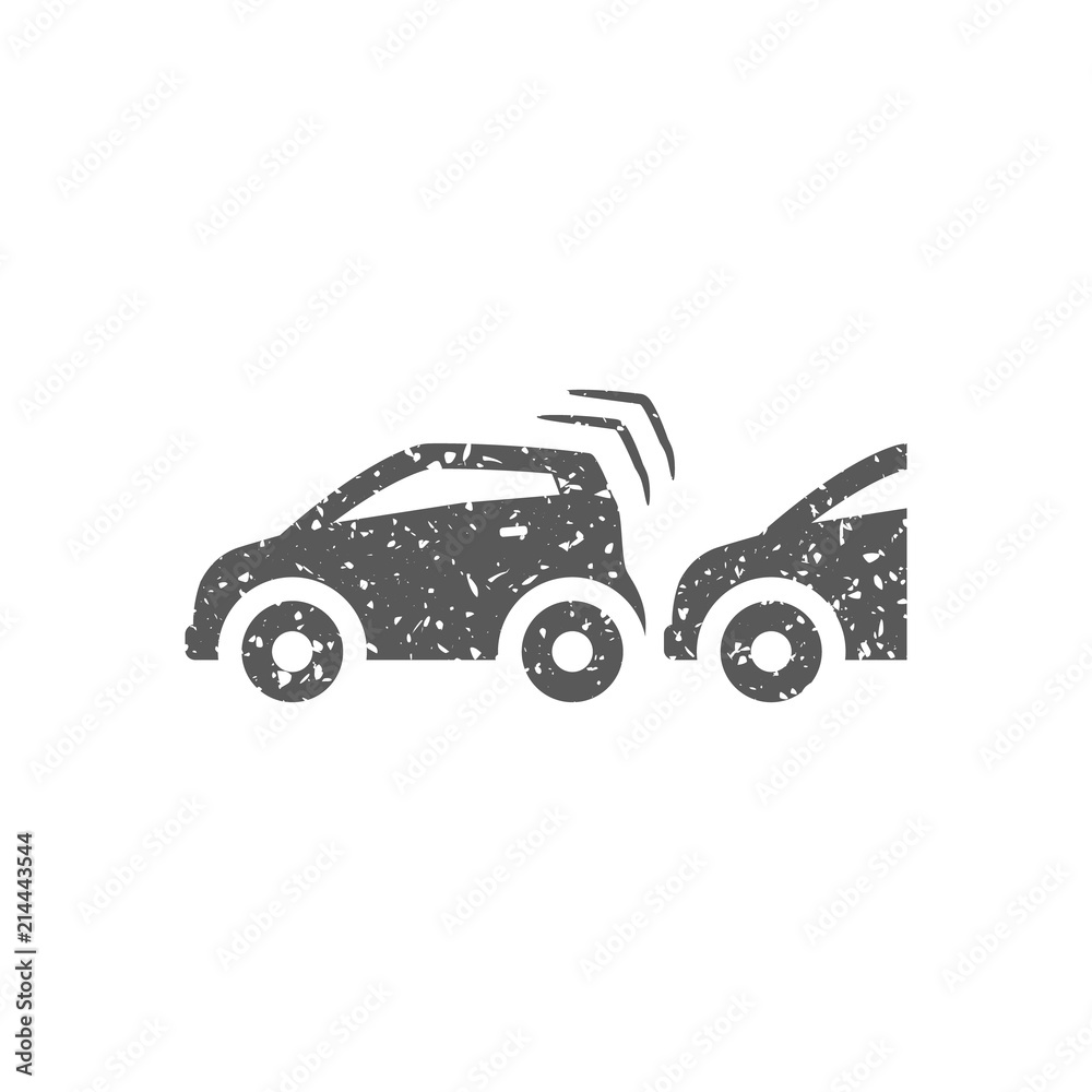 Car crash icon in grunge texture. Vintage style vector illustration.