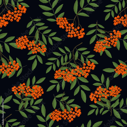 Seamless pattern with rowanberry branches. Autumn background with berries and leaves. It can be used for websites, packing of gifts, fabrics, wallpapers. Vector illustration.