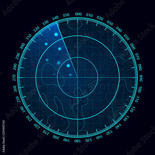 Vector blue radar screen. Military search system. Futuristic HUD radar display. Futuristic HUD interface. photo