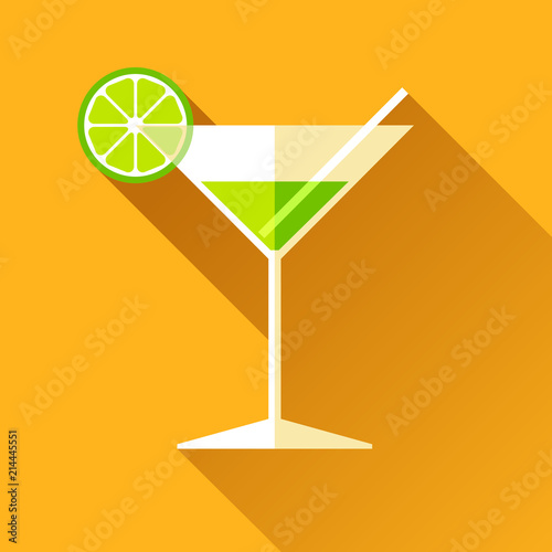 Glass for vermouth icon in flat style, wineglass on color background. Alcohol cocktail with lime and straw. Vector design elements for you business project 
