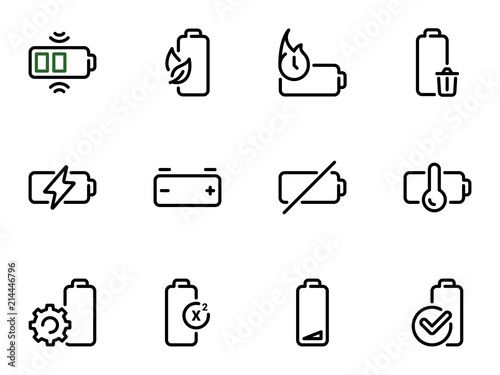 Set of black vector icons, isolated on white background, on theme Charging and using the battery