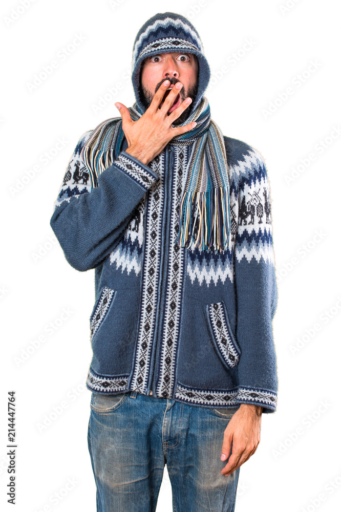 Man with winter clothes making surprise gesture Man with winter clothes making surprise gesture