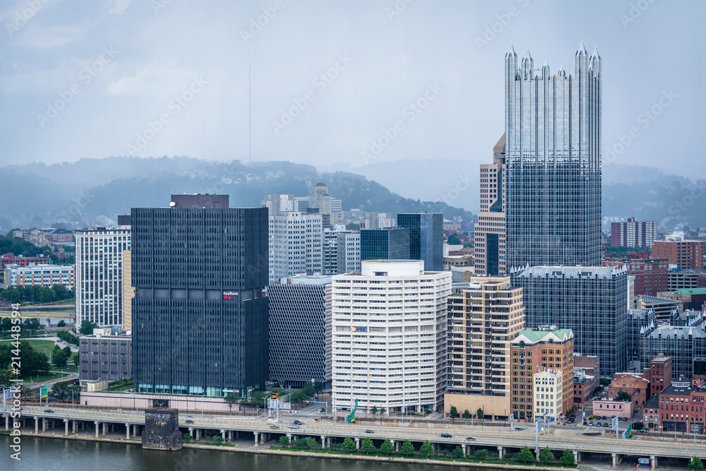 Stormy view of the Pittsburgh skyline from Mount Washington, in Pittsburgh, Pennsylvania.