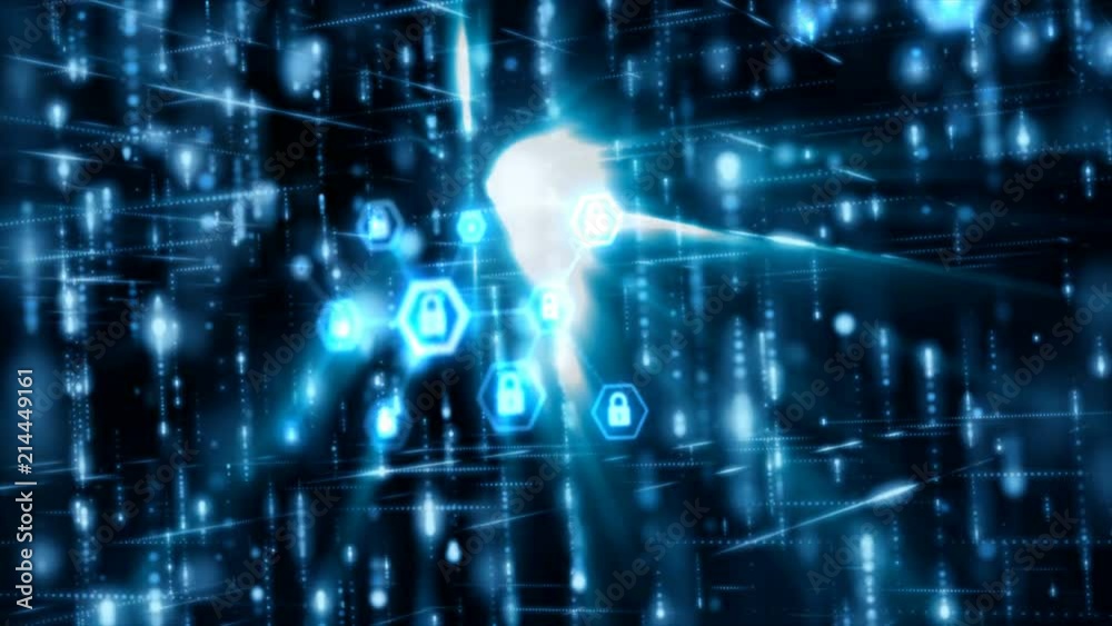 4K Network security concept Abstract background lock pad in the hexagon shape with connection line particle and lighting effect floating and flow with dark and grain processed 4K Network security concept Abstract background lock pad in the hexagon shape with connection line particle and lighting effect floating and flow with dark and grain processed