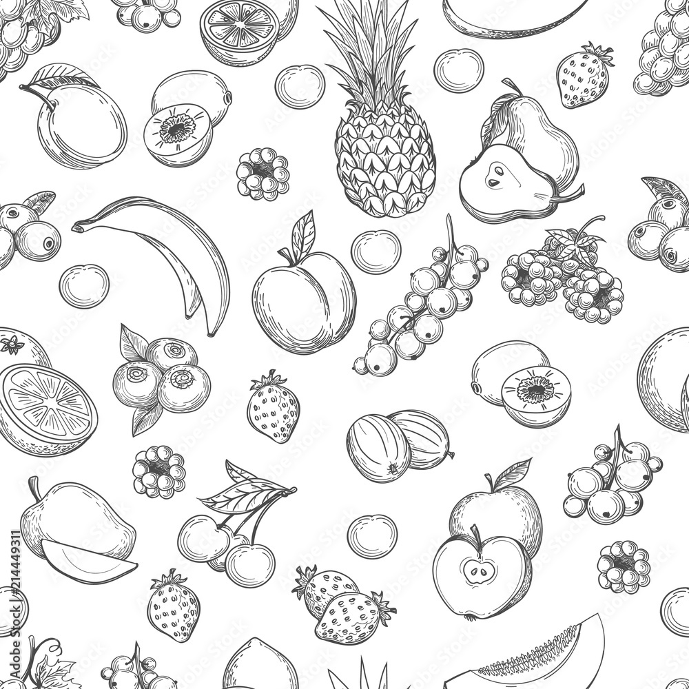 Frutas background. Fruits garden line drawing vector seamless pattern, fruit diet texture