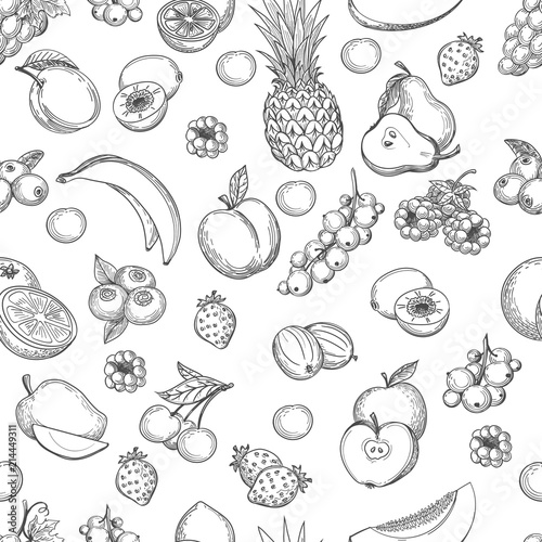 Fototapeta Tło Frutas. Owoc ogrodowy kreskowego rysunku wektorowy bezszwowy wzór, owocowa diety tekstura