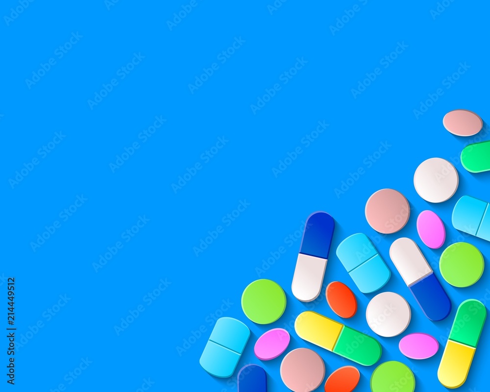 Pills, tablets and capsules in the lower right corner on a blue background. Pharmaceutical medicine concept. Pills, tablets and capsules in the lower right corner on a blue background. Pharmaceutical medicine concept.