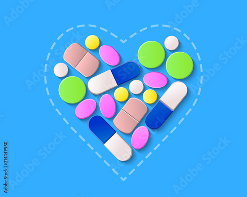 Pills, tablets and capsules inside a heart shape made of dotted line on a blue background