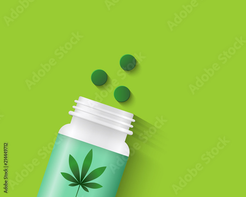 Medical cannabis concept. Medicine bottle with marijuana leaf label on it and pills on green background.