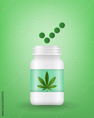 Medical marijuana concept. Pill bottle with cannabis leaf and pills forming a checkmark or tick as permission and prescription sign.