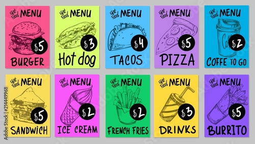 Fast food menu. Hand drawn sketch converted to vector