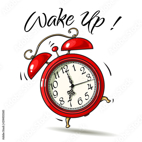 Cartoon red alarm clock ringing. Wake-up text. Vector