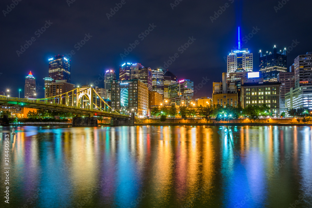 The Pittsburgh skyline at night, seen from Allegheny Landing, in Pittsburgh, Pennsylvania. The Pittsburgh skyline at night, seen from Allegheny Landing, in Pittsburgh, Pennsylvania.