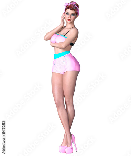 3D beautiful young attractive pin up girl vintage.Shorts and bra.Woman studio photography.High heel.Conceptual fashion art.Seductive candid pose.Realistic render.Summer collection clothes