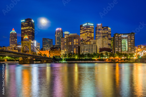 The Pittsburgh skyline at night, seen from Allegheny Landing, in Pittsburgh, Pennsylvania.