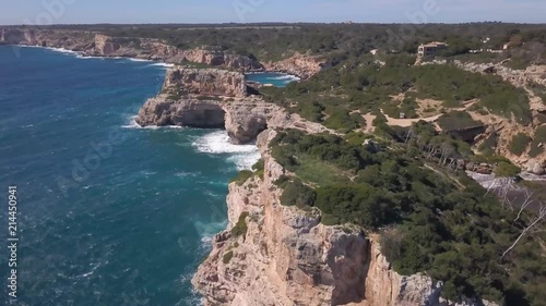 Mallorca cliff coastline, Spain. 4K Aerial footage. photo