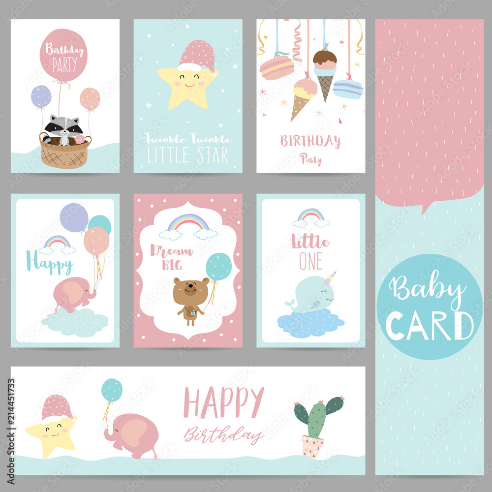 Pink blue pastel greeting card with skunk,star,bear,balloon,ice cream,narwhal,elephant,cactus,cloud and basket