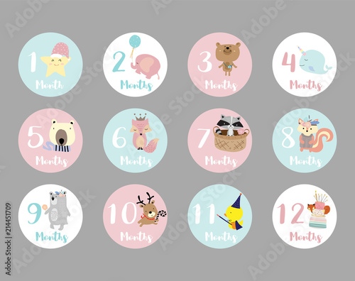 Pastel baby number sticker with star,elephant,bear,skunk,squirrel,fox,bear,reindeer and narwhal