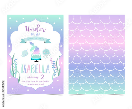 Hand drawn cute card with mermaid,cake, narwhal,jellyfish and scale