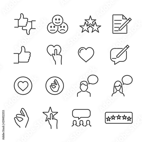 Vector image set of feedback and testimonials line icons.