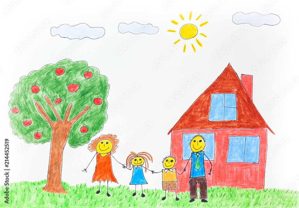 Fototapeta premium Illustration of a happy family with an apple tree and a house