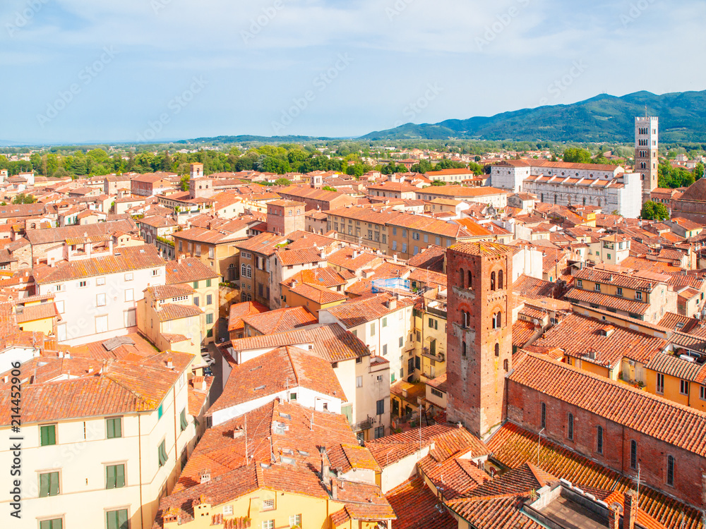 Lucca summer skyline with St Martin Cathedral and bell towers, Tuscany, Italy.