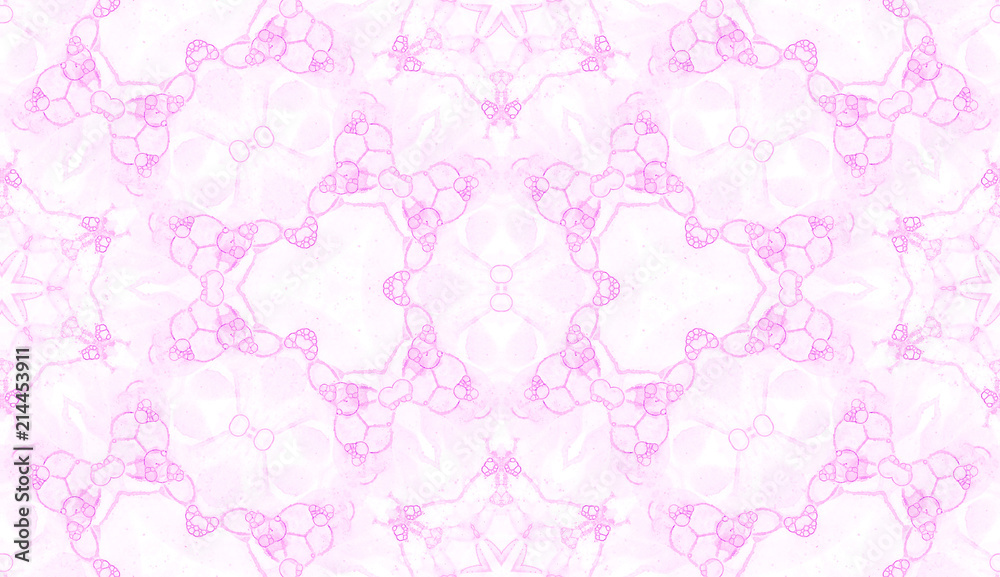 Pink seamless pattern. Astonishing delicate soap bubbles. Lace hand drawn textile ornament. Kaleidoscope mandala lingerie print.