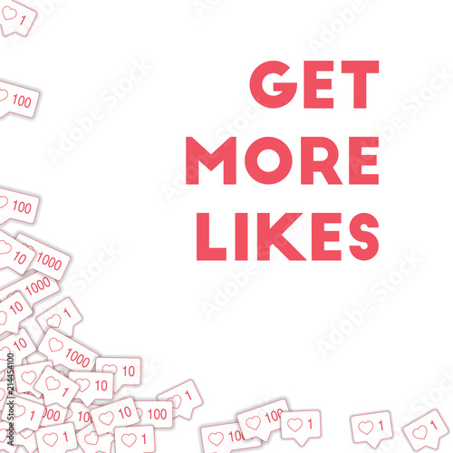 Social media icons. Get more likes concept. Falling pink like counter. 