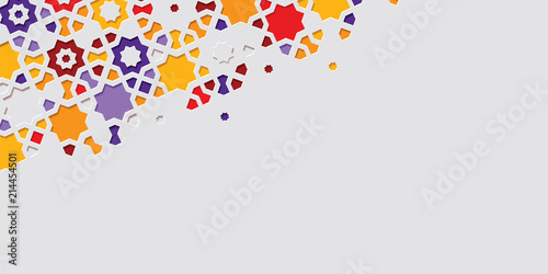 Arabic arabesque design greeting card for Ramadan Kareem. Islamic ornamental colorful detail of mosaic.Background vector illustration.