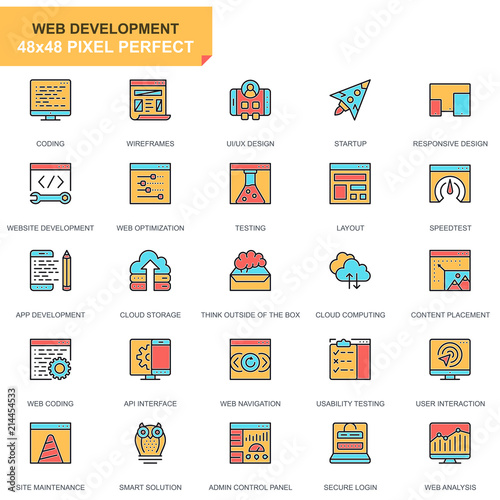 Flat line web design and development icons set for website and mobile site and apps. Contains such Icons as Coding, App Development. 48x48 Pixel Perfect. Pictogram pack. Vector illustration.
