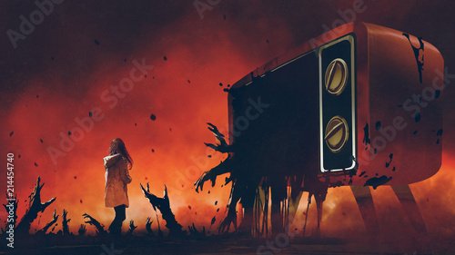 Fototapeta young woman standing among evil hands that comes out of the giant television, digital art style, illustration painting