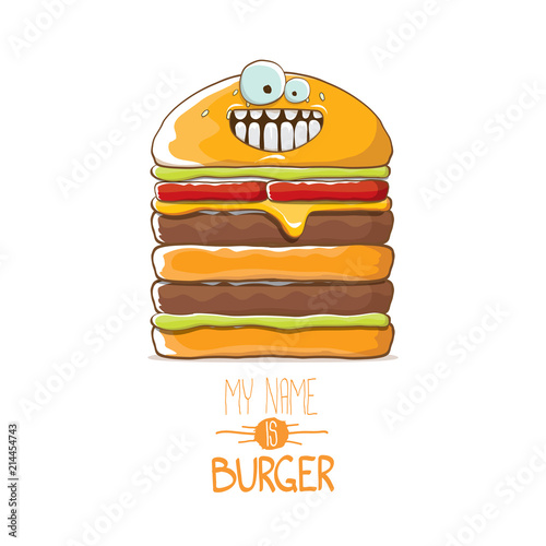 vector cartoon smiling big burger character with cheese, meat and salad icon isolated on white background. my name is burger vector concept illustration