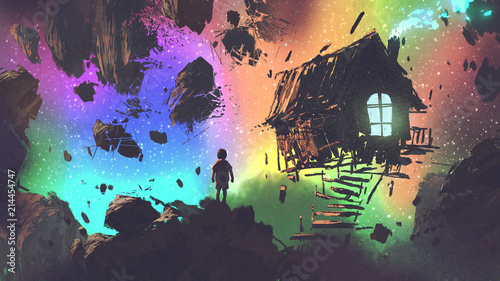 nocna sceneria chłopca i dom w obcym miejscu, styl sztuki cyfrowej, malowanie ilustracji
