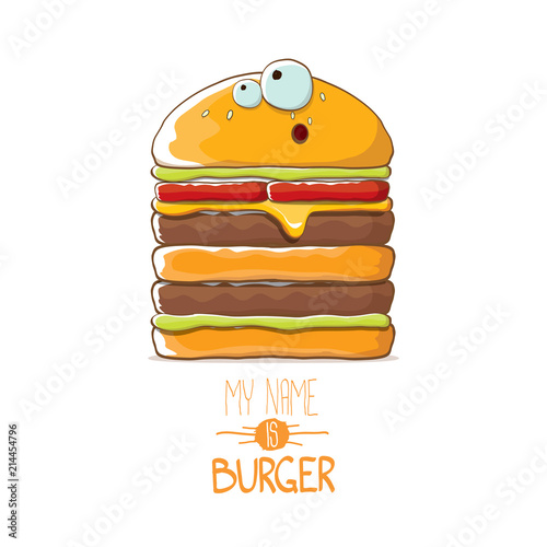 vector cartoon smiling big burger character with cheese, meat and salad icon isolated on white background. my name is burger vector concept illustration