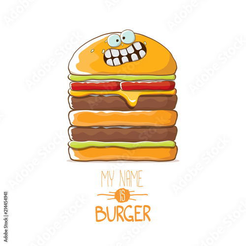 vector cartoon smiling big burger character with cheese, meat and salad icon isolated on white background. my name is burger vector concept illustration