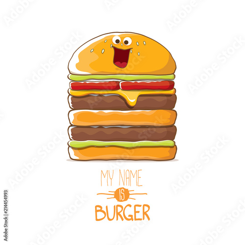 vector cartoon smiling big burger character with cheese, meat and salad icon isolated on white background. my name is burger vector concept illustration