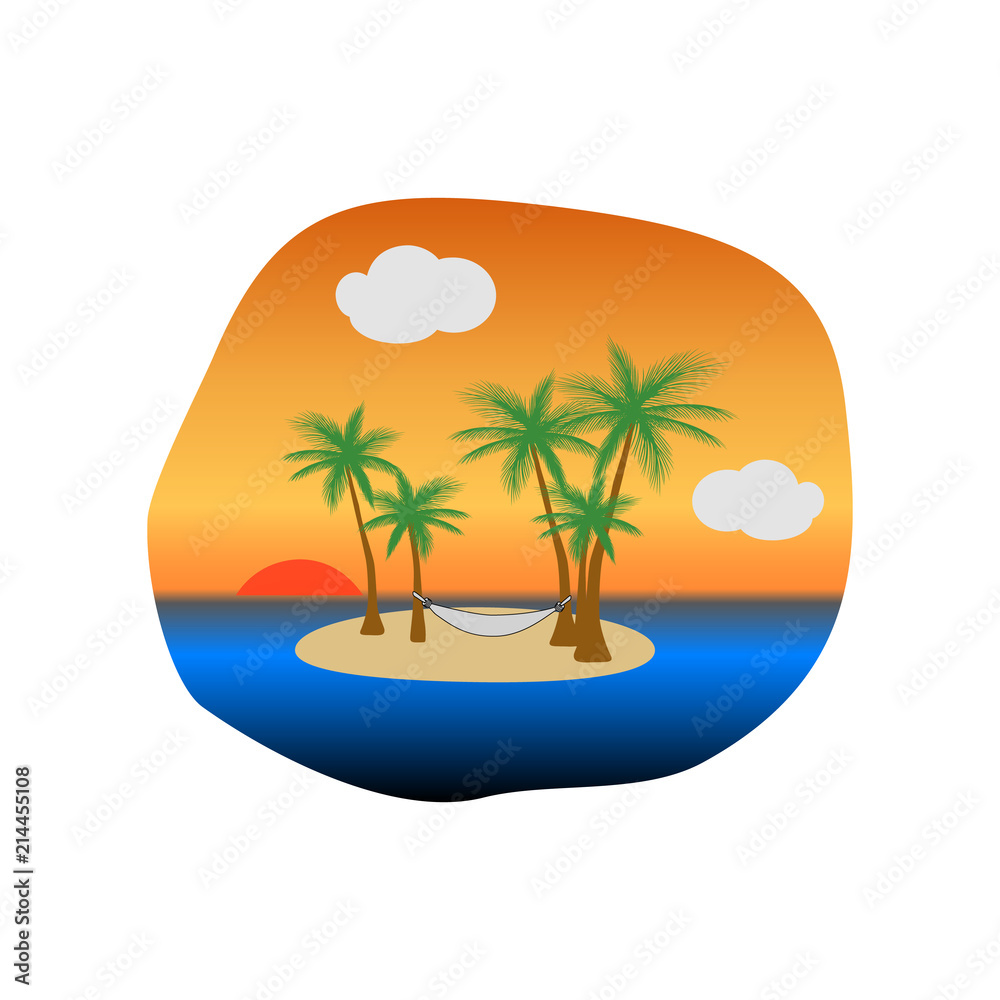 Sunset on tropical island with palm trees and a hammock hanging in the trees, raster