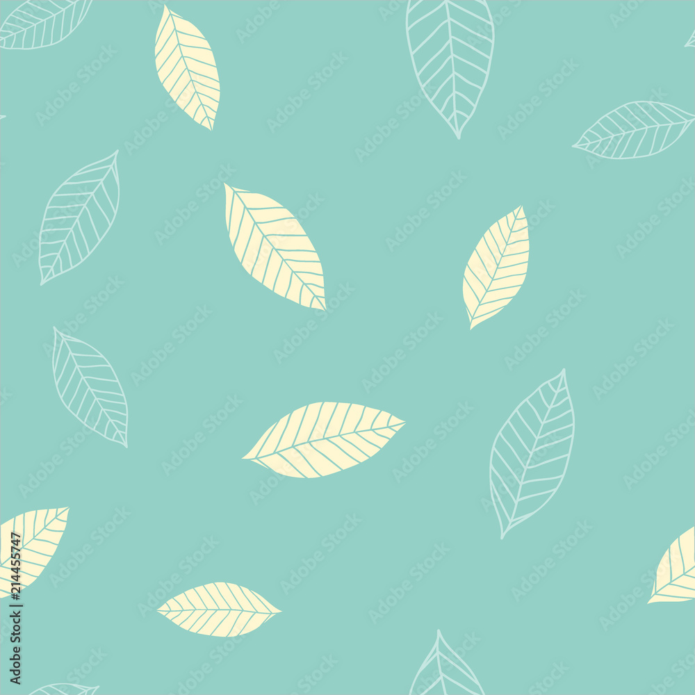 Seamless pattern with beige leaves on blue green background, raster