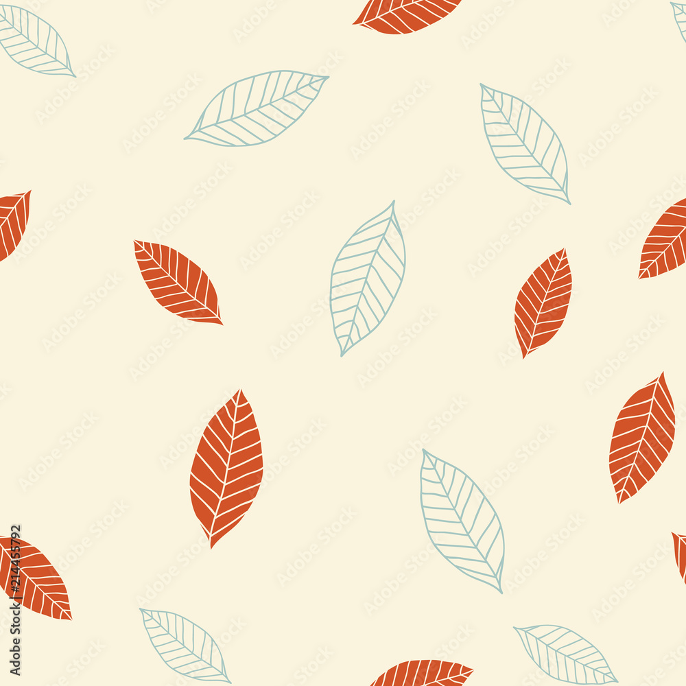 Seamless pattern with blue and red leaves on beige background, raster
