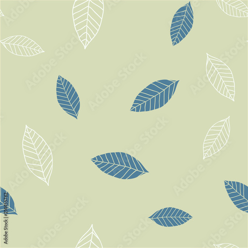 Seamless pattern with blue and beige leaves on green background, raster