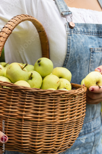 Junge Frau hält einen Korb mit Äpfeln und einen Apfel in der Hand