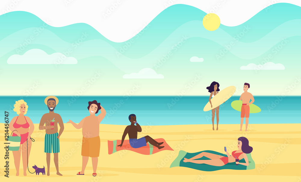 Beach summer people performing leisure and relaxing vector illustration.
