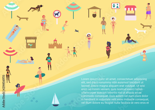Fototapeta Naklejka Na Ścianę i Meble -  Top view vector illustration of people at beach performing leisure outdoor activities and swimming, surfing in sea or ocean.