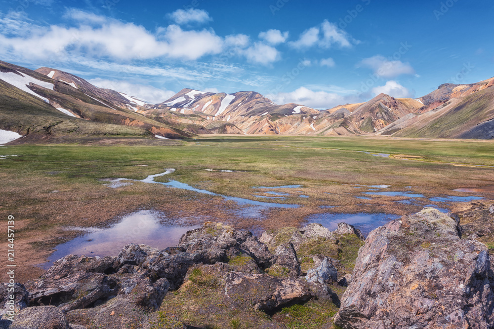Amazing color volcanic mountains Landmannalaugar in the Fjallabak nature reserve, Iceland. Beautiful summer landscape of famous place